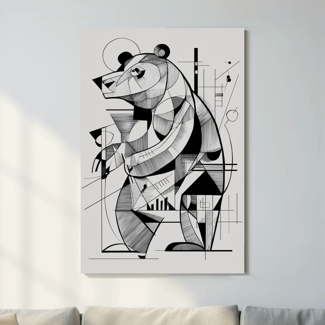 Cubism Abstract Bear Artwork - Modern Black And White Wildlife Wall Art