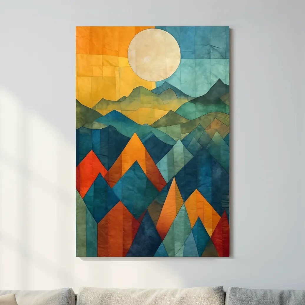 Geometric Patchwork Sunlit Mountain Range Painting - Colorful Abstract Alpine Wall Art