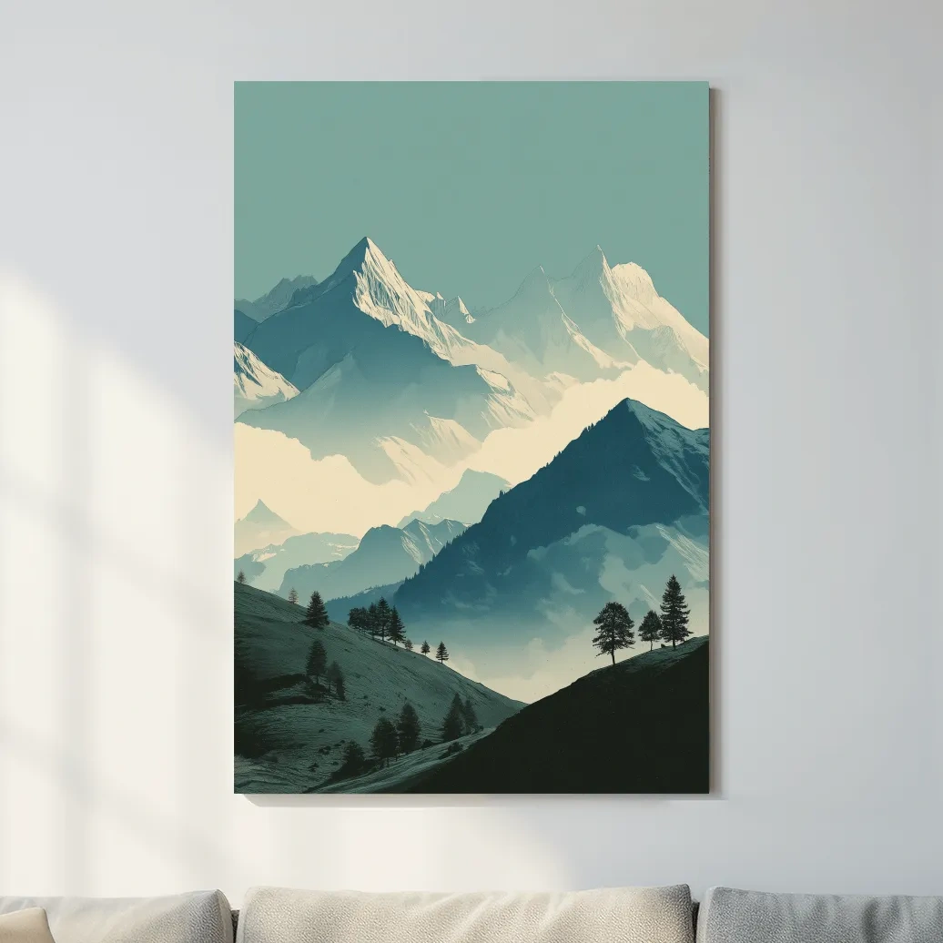 Misty Alpine Mountain Peaks Illustration - Serene Landscape Wall Art