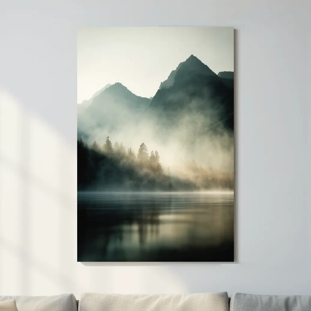 Moody Misty Mountain Lake Landscape - Serene Foggy Pine Forest Wall Art