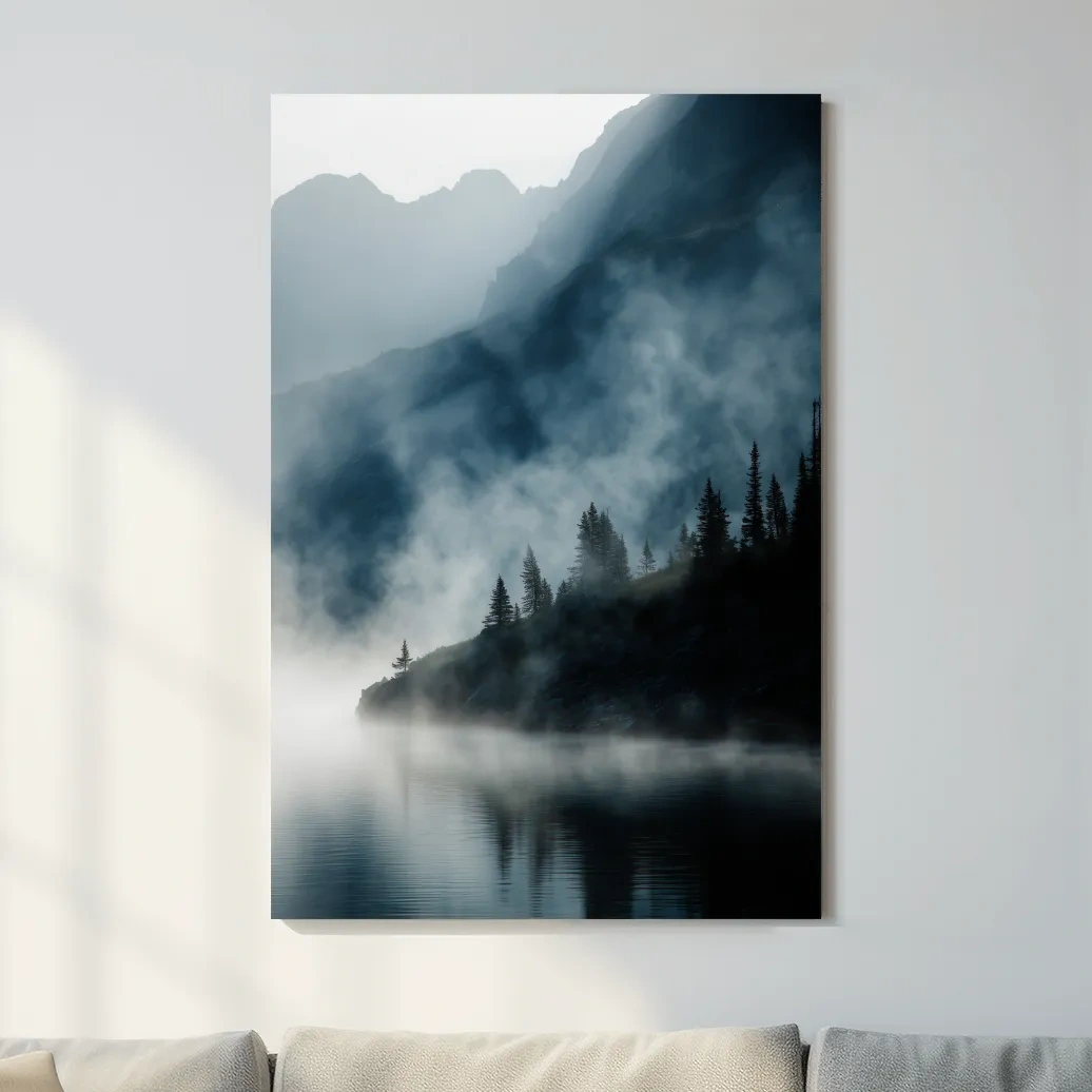 Misty Alpine Lake Landscape Photography - Foggy Pine Forest Nature Wall Art