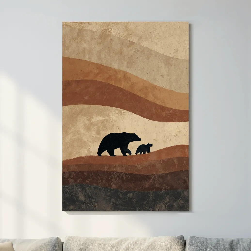 Scandi Bear Family Silhouette Artwork - Earthy Abstract Wildlife Wall Art