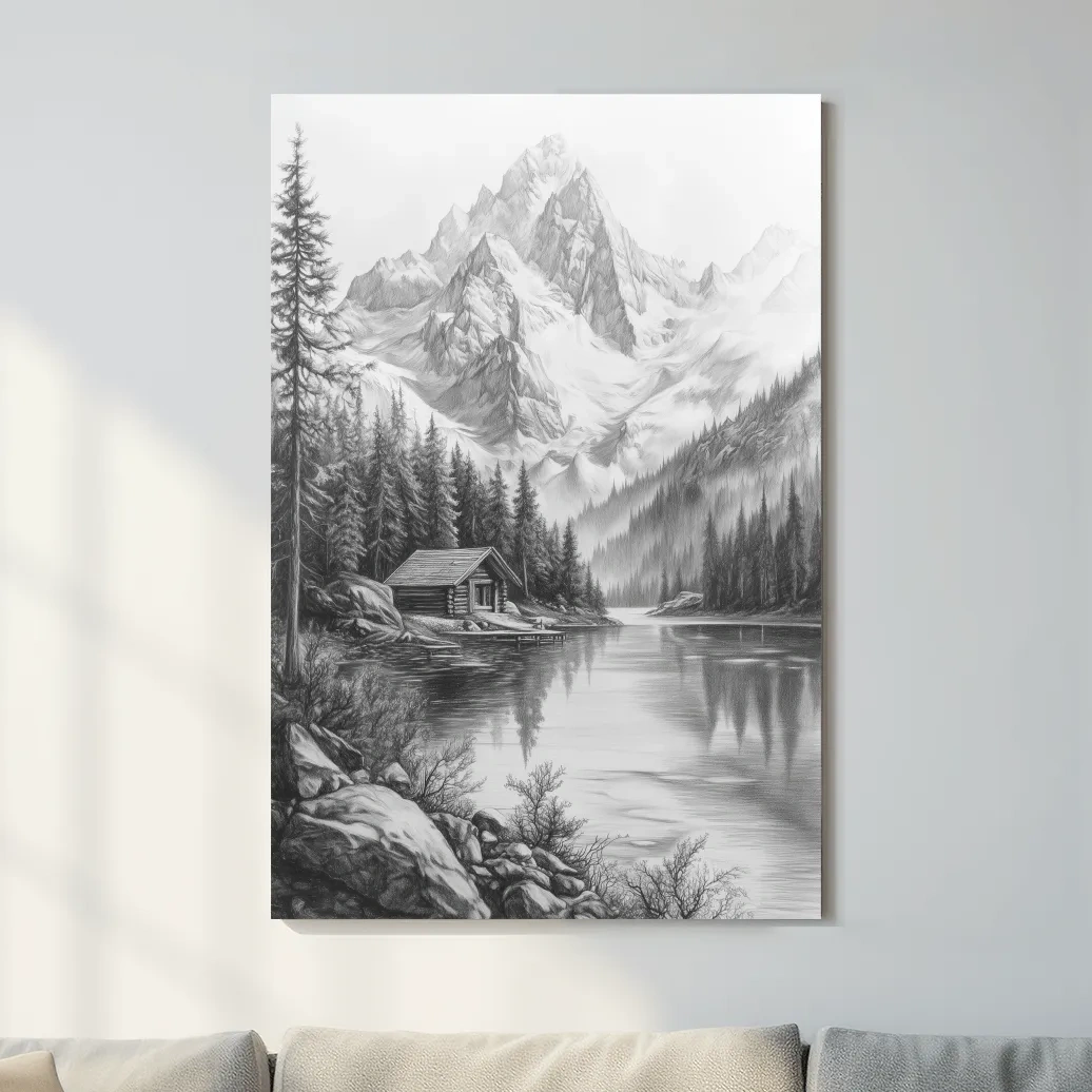 Monochrome Alpine Lake Cabin Sketch Art - Mountain Drawing Wall Art