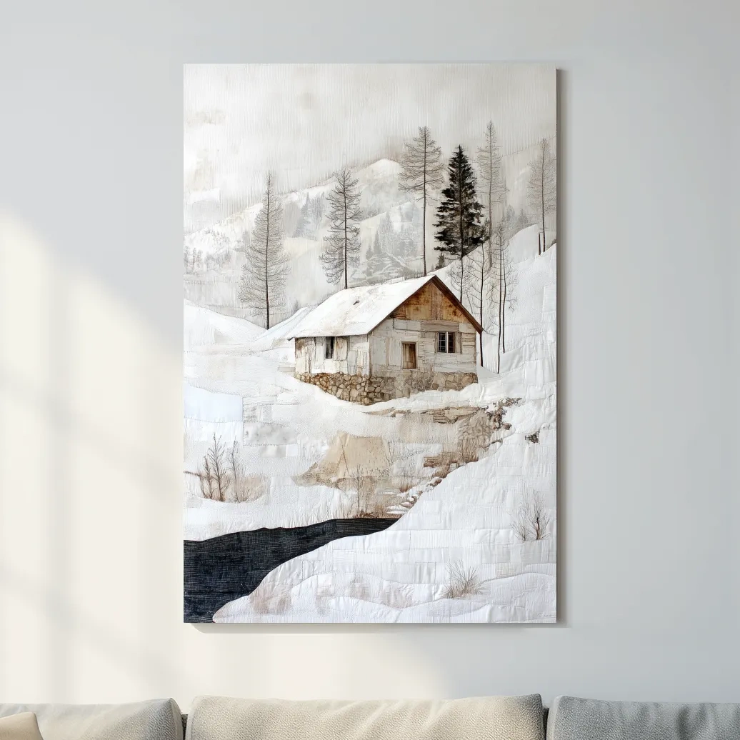 Snowy Mountain Cabin Textured Painting - Winter Landscape Wall Art