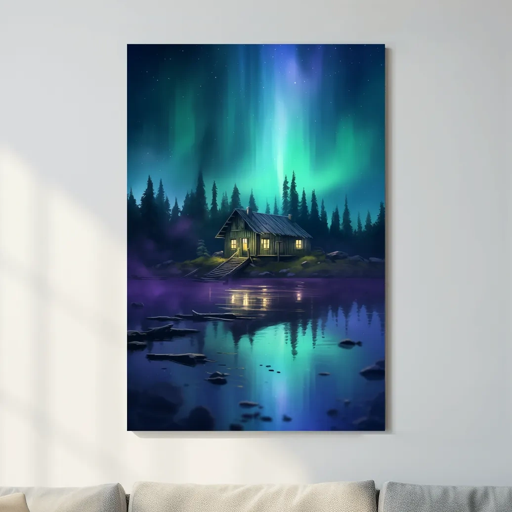 Vibrant Northern Lights Cabin Lake Painting - Aurora Borealis Night Wall Art
