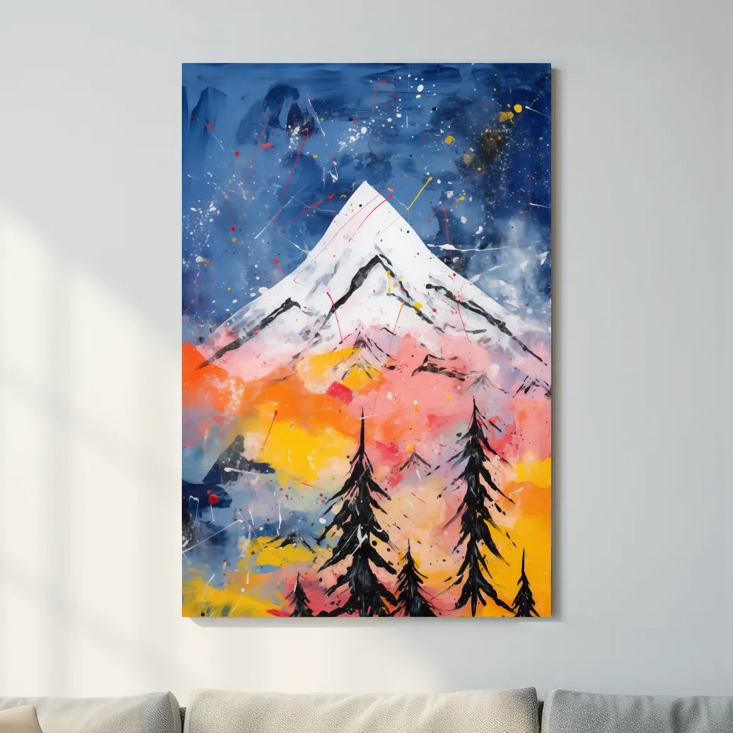 Vibrant Abstract Mountain Peak Sunset Painting - Colorful Acrylic Splash Forest Wall Art