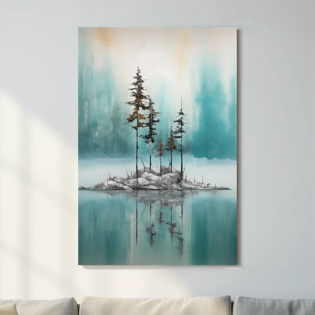 Misty Pine Trees Reflection - Watercolor Turquoise Alpine Lake Wall Art