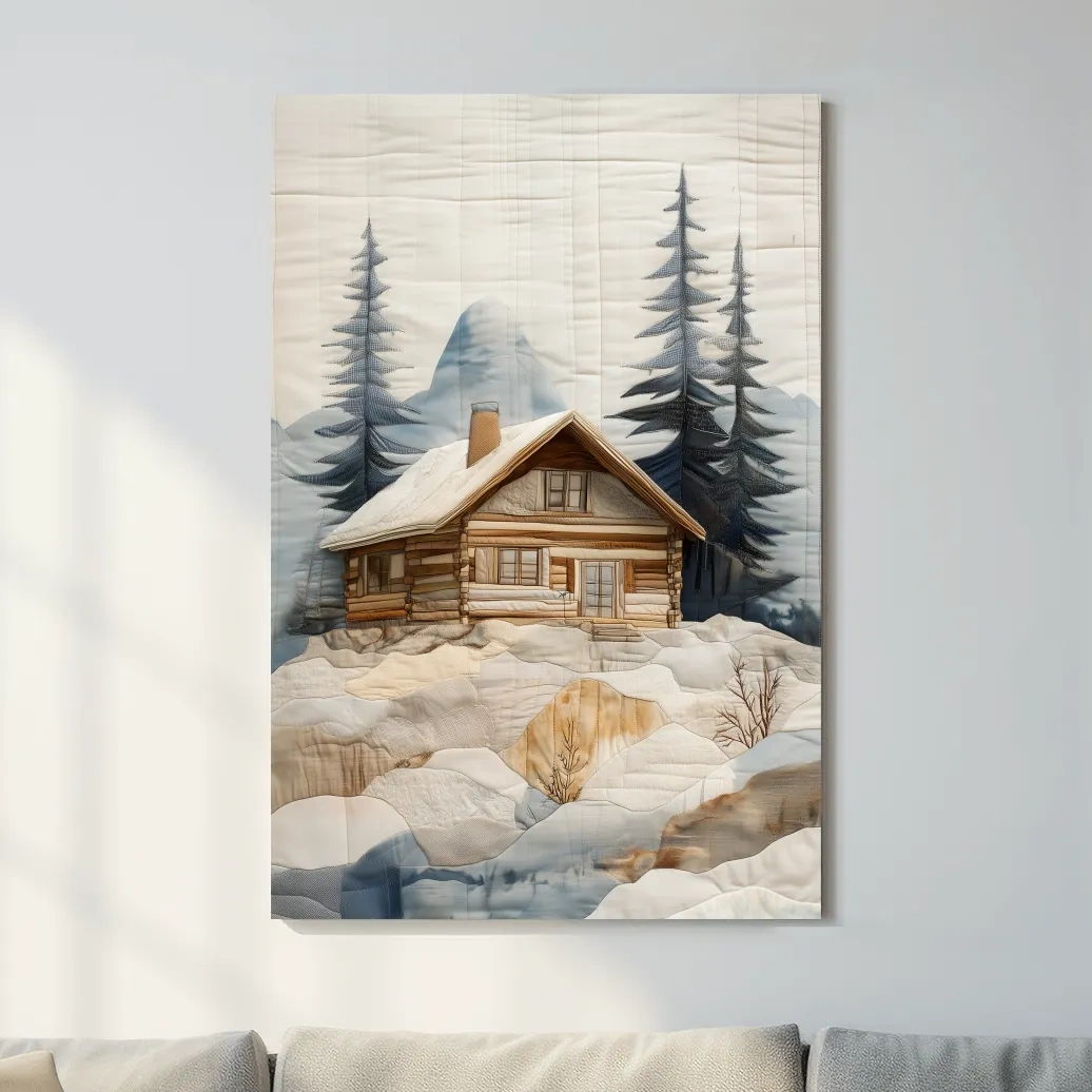 Rustic Winter Cabin In Snowy Pines - Textured Patchwork Fabric Effect Wall Art