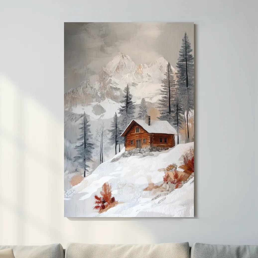 Snowy Mountain Cabin Landscape Painting - Rustic Winter Wilderness Wall Art