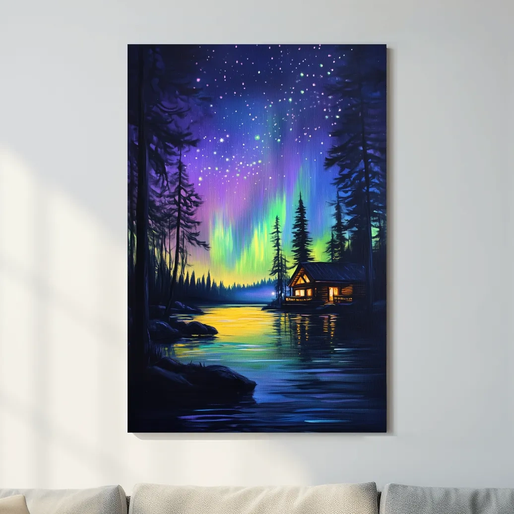 Vibrant Northern Lights Lakeside Cabin Painting - Aurora Borealis Night Landscape Wall Art