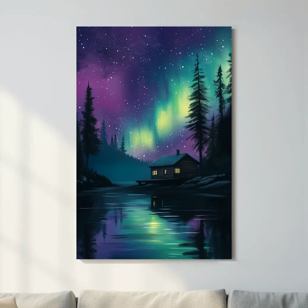 Aurora Borealis Lake Cabin Painting - Northern Lights Wall Art