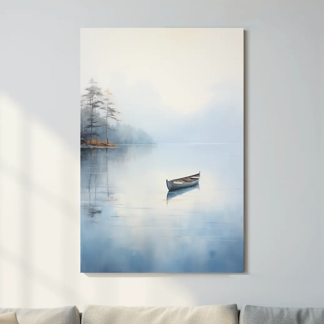 Misty Lake Canoe Reflection Painting - Serene Minimalist Waterscape Wall Art