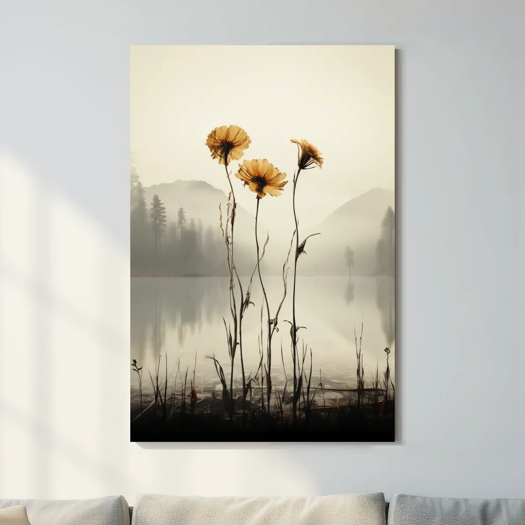 Wildflower Misty Lake Landscape - Minimalist Botanical Wall Art