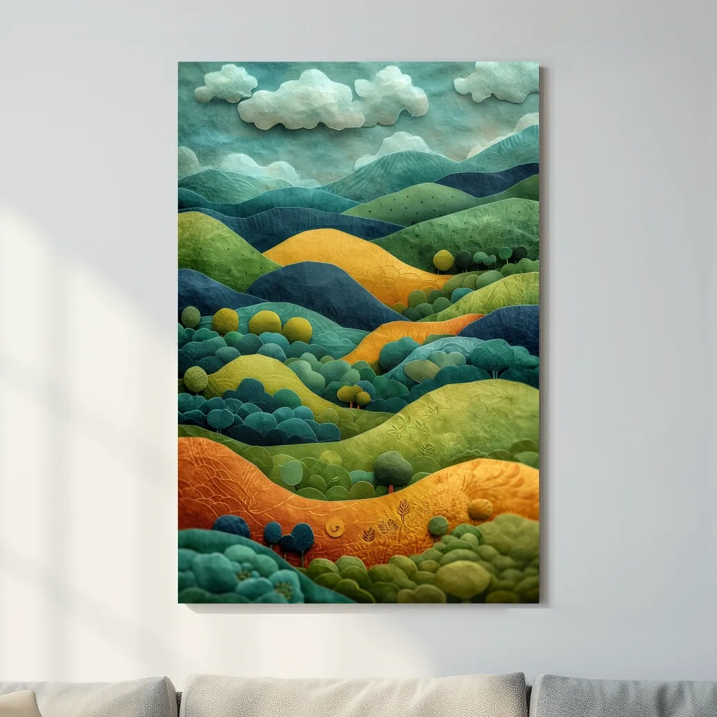 3D Layered Paper Cut Style Mountain Artwork - Whimsical Surreal Landscape Wall Art