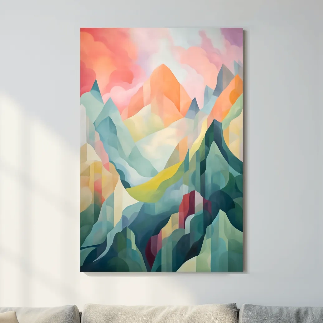 Vibrant Abstract Pastel Mountain Sunset - Geometric Watercolor Style Wall Art