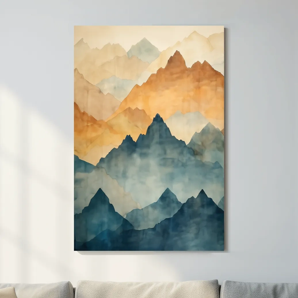 Foggy Layered Mountain Watercolor Landscape - Abstract Wall Art