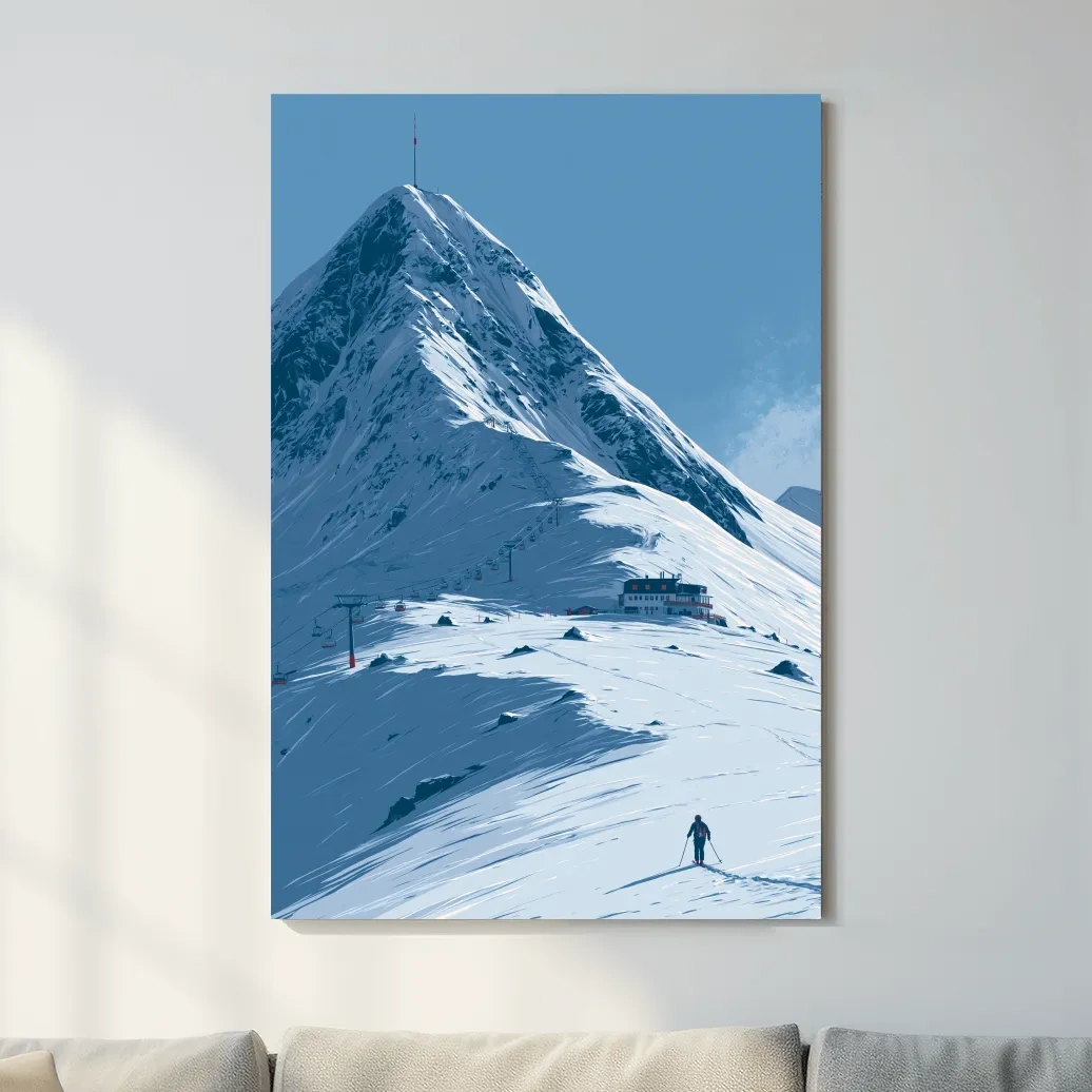 Alpine Mountain Skier Artwork - Minimalist Winter Landscape Wall Art