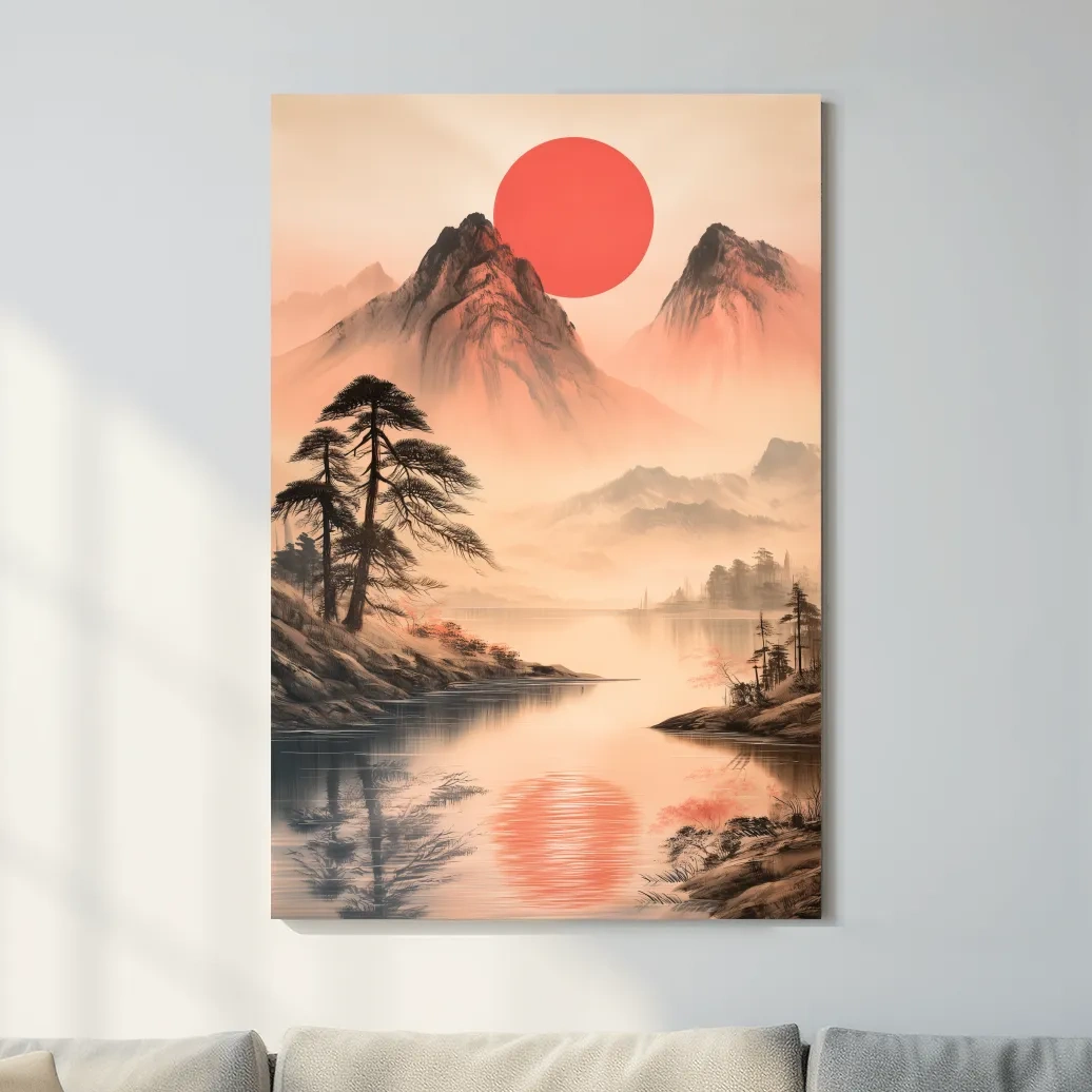 Zen Misty Mountain Lake Sunrise - Japanese Ink Wash Wall Art