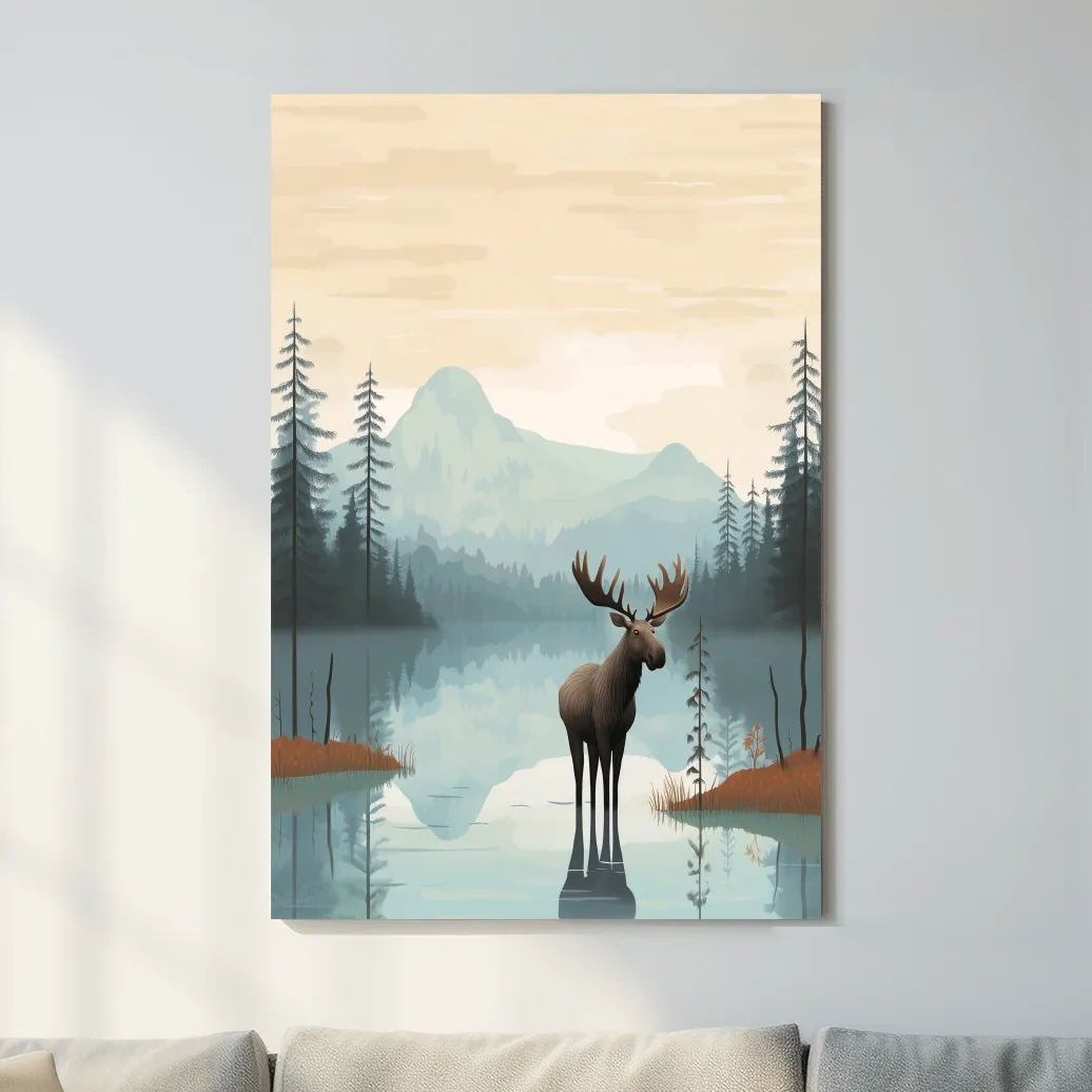 Moose Mountain Lake Illustration - Nursery Forest Mountain Wall Art