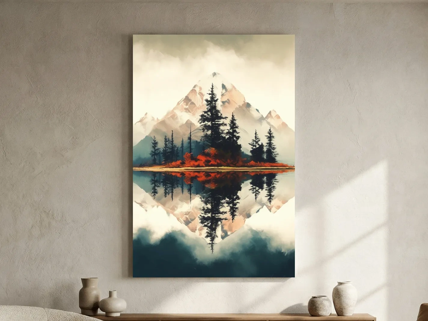 Minimal Mountain Lake Reflection With Pine Forest - Watercolor Landscape Wall Art