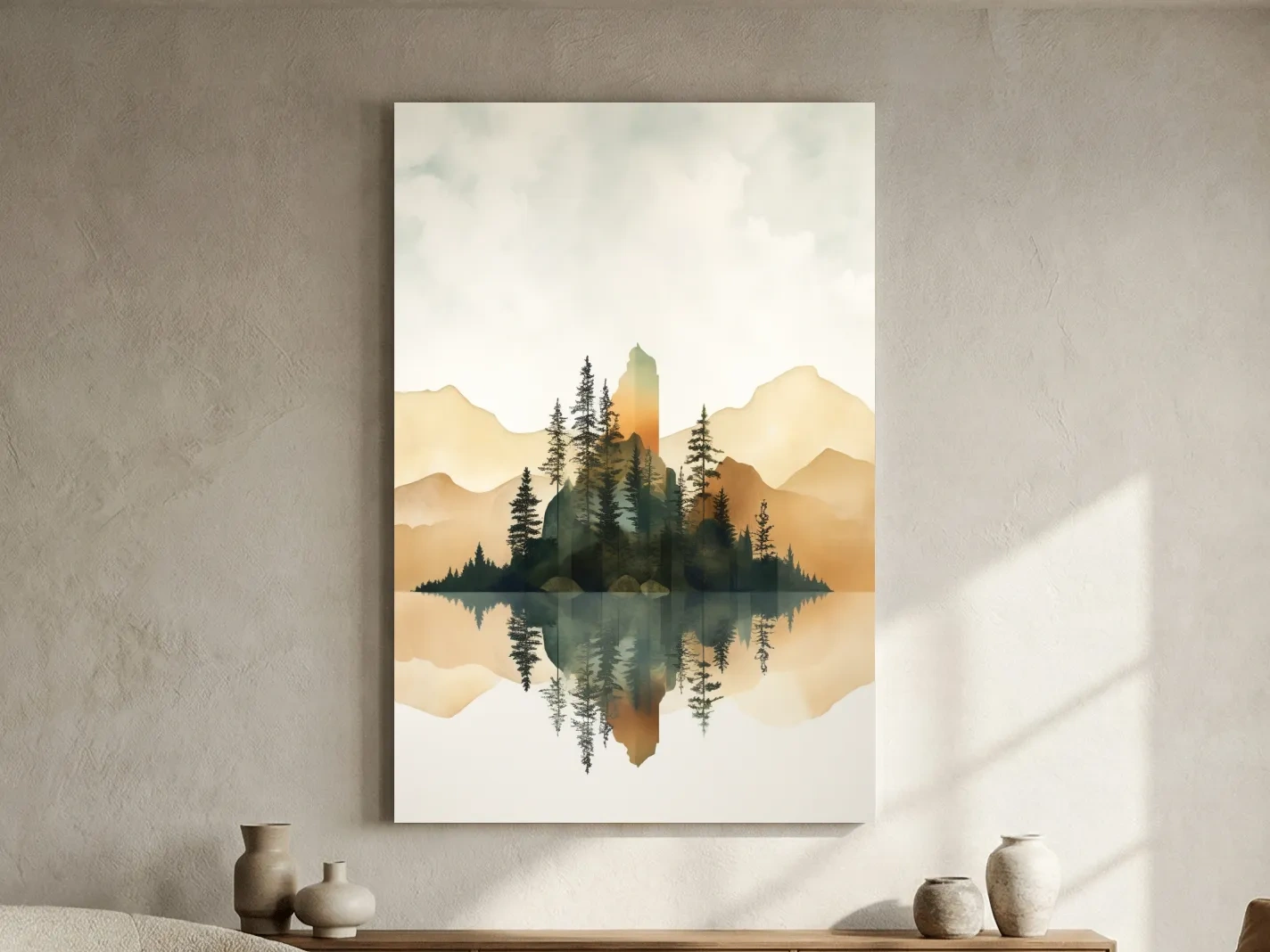 Alpine Mountain Lake Reflection Watercolor - Serene Pine Forest Wall Art