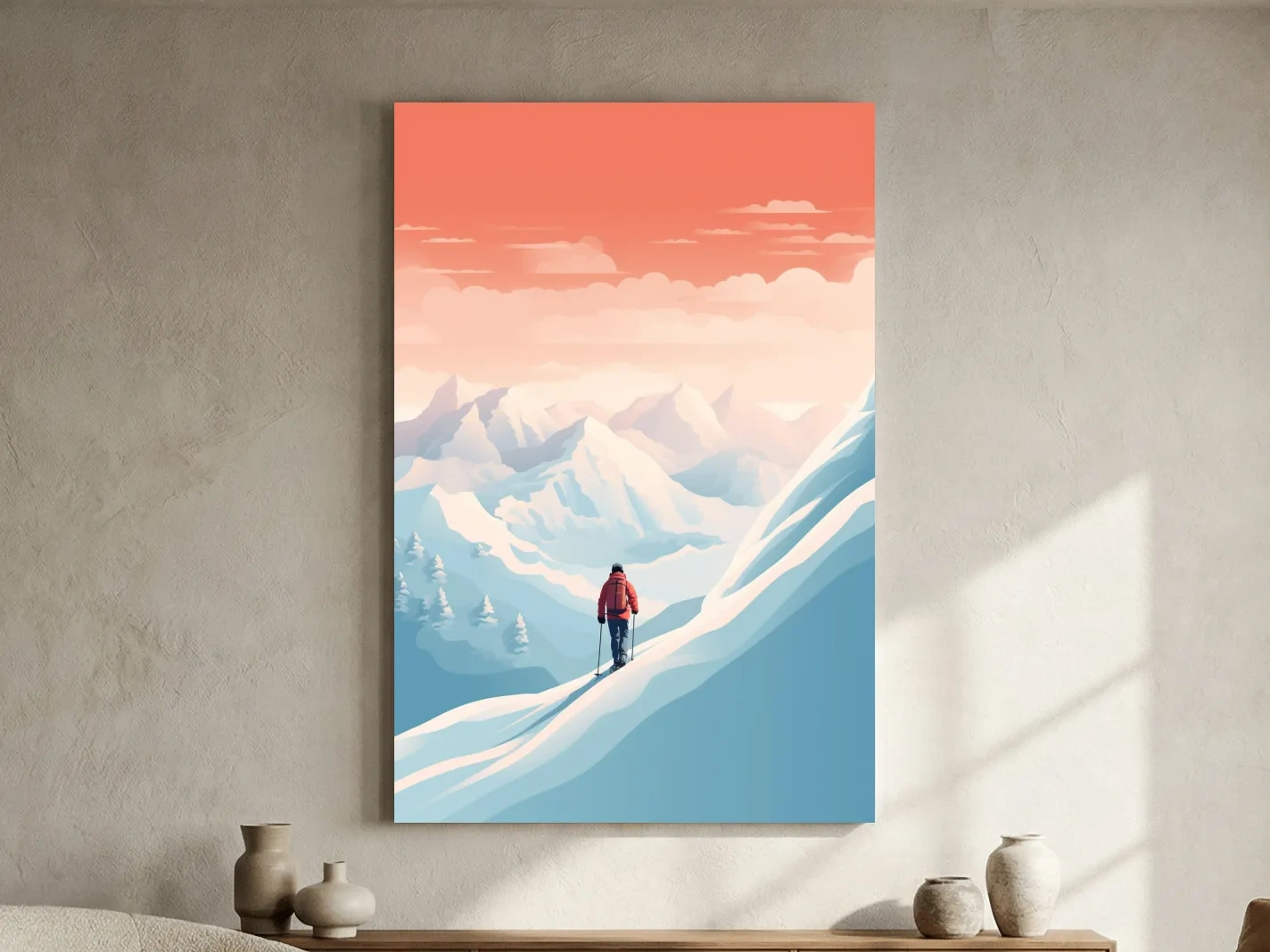 Backcountry Skier In Alpine Sunset - Minimalist Winter Mountains Wall Art