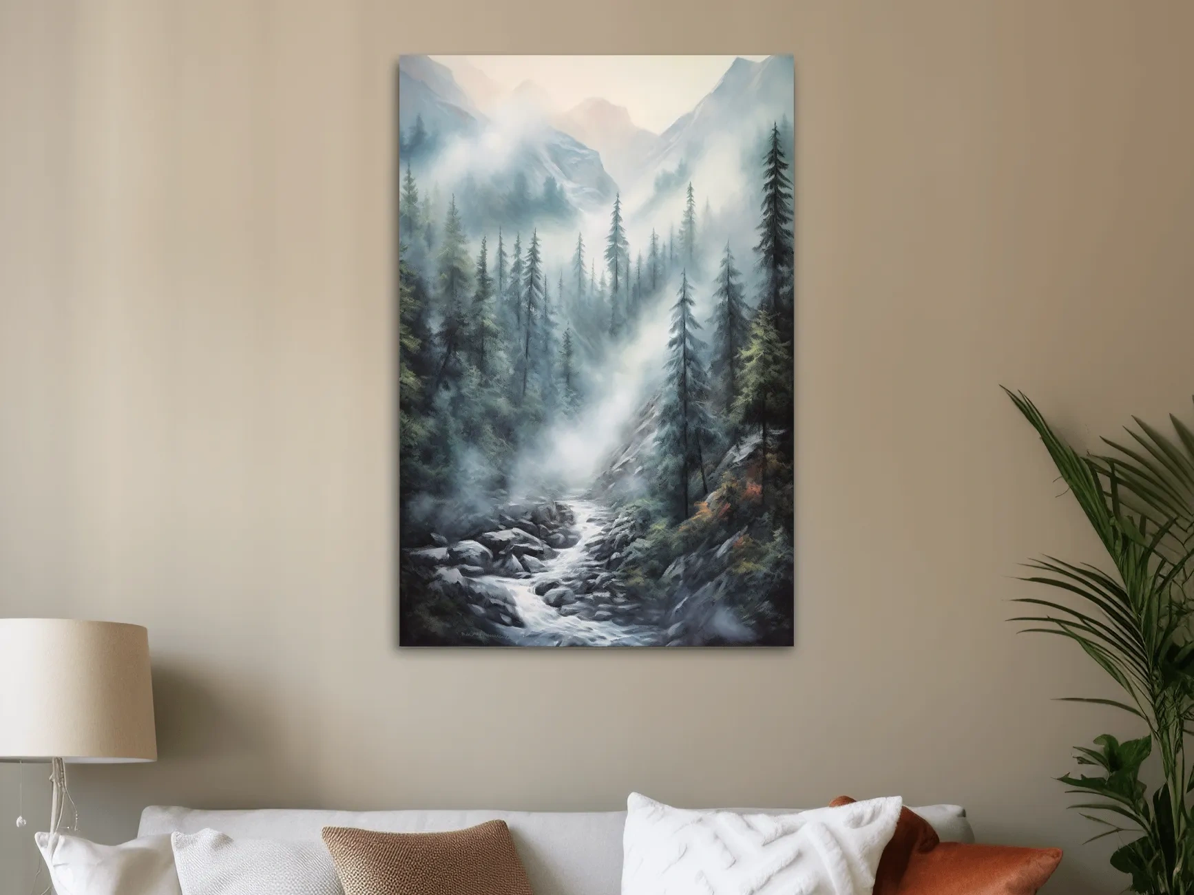 Misty Alpine Pine Forest River Painting - Moody Mountain Landscape Wall Art