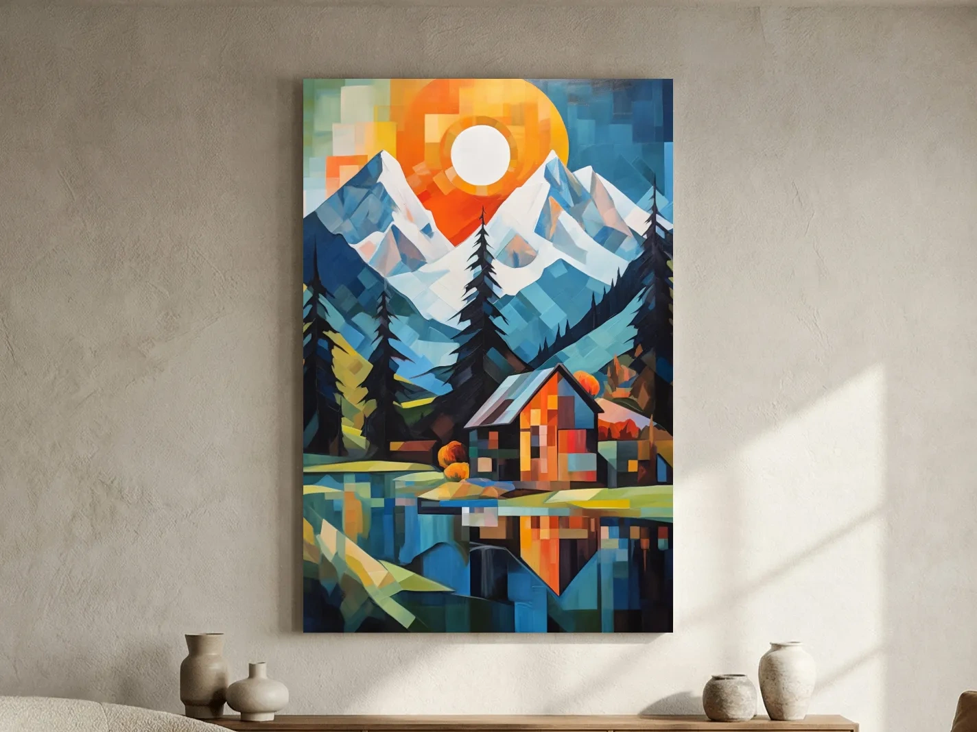 Abstract impressionist painting of a cabin by a lake and mountain at sunset