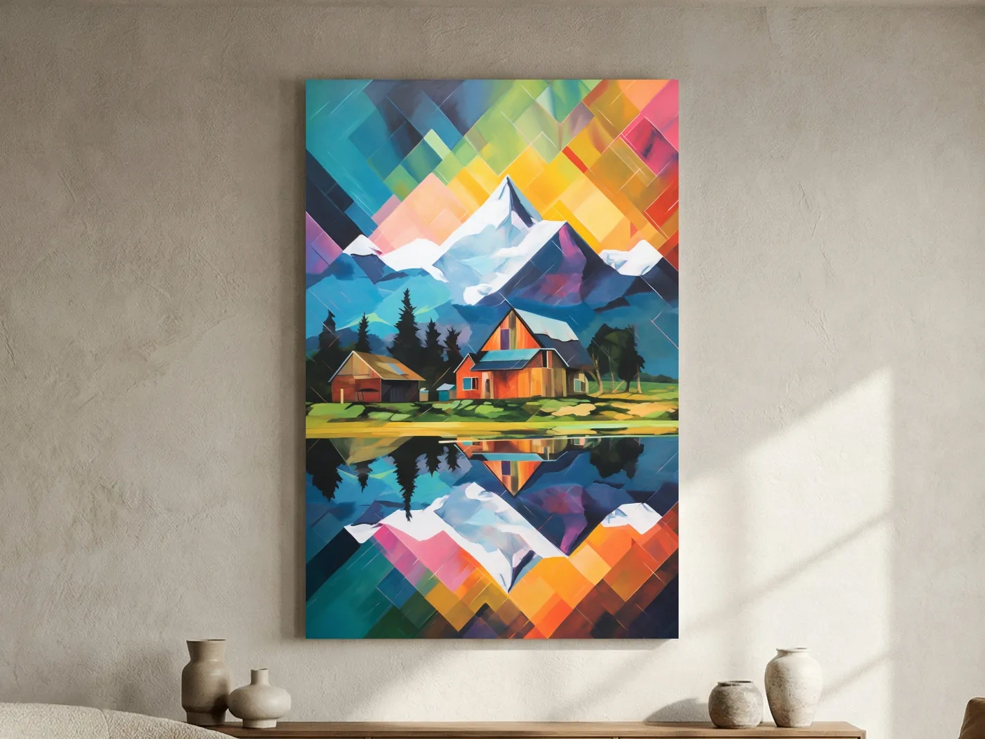 Vibrant Geometric Mountain Cabin Painting - Colorful Abstract Alpine Wall Art
