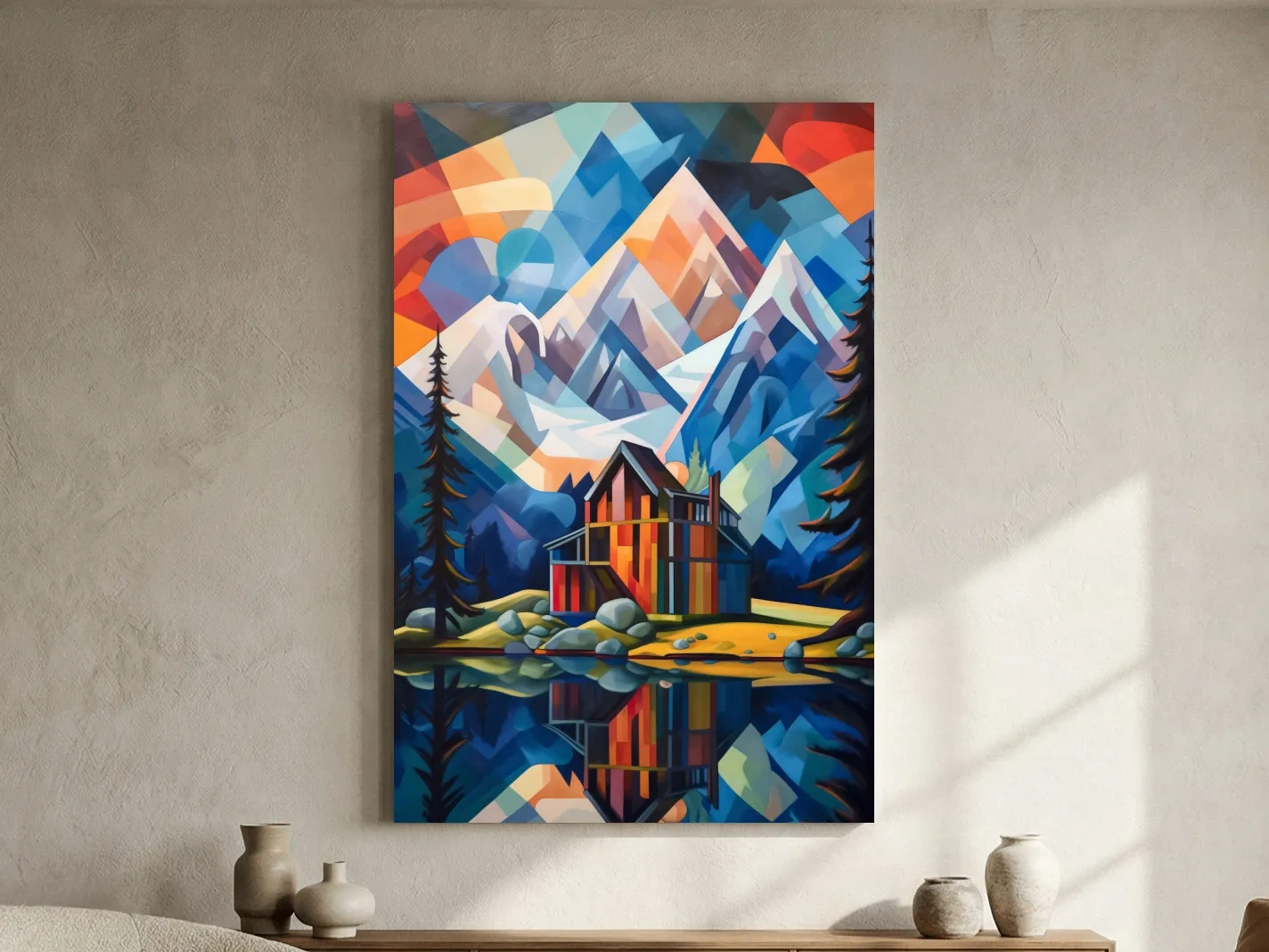 Vibrant Geometric Mountain Lake Cabin Painting - Abstract Alpine Wall Art