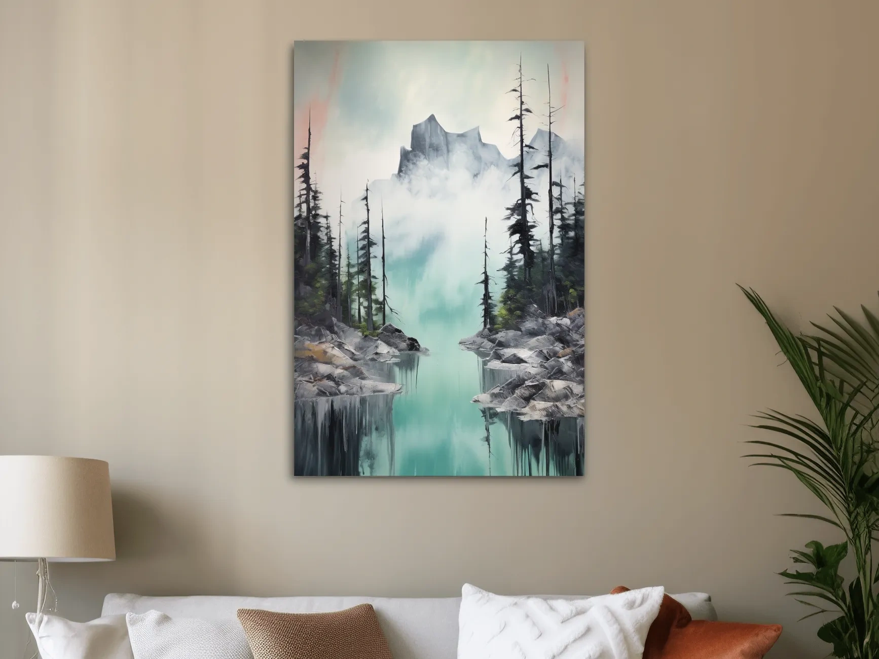 Painting of a turquoise alpine lake and mountain in the fog