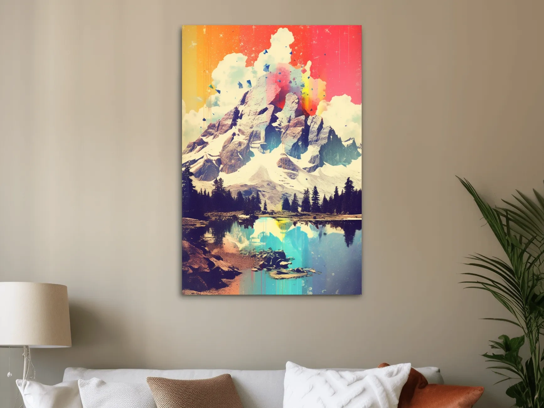 Colourful abstract painting of a mountain and lake