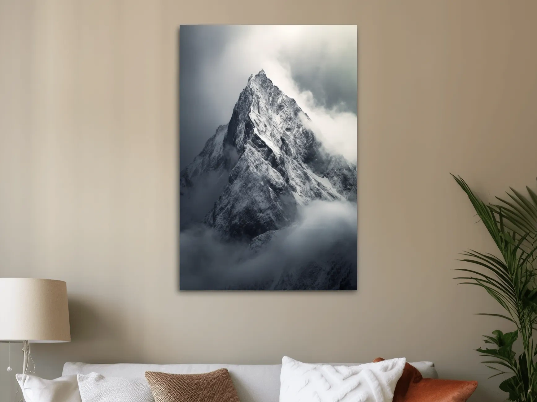 Photographic art, ominous snow capped mountain in the clouds