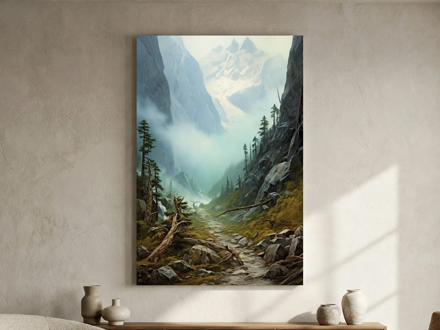 Misty Alpine Mountain Valley Painting - Foggy Pine Forest Wall Art