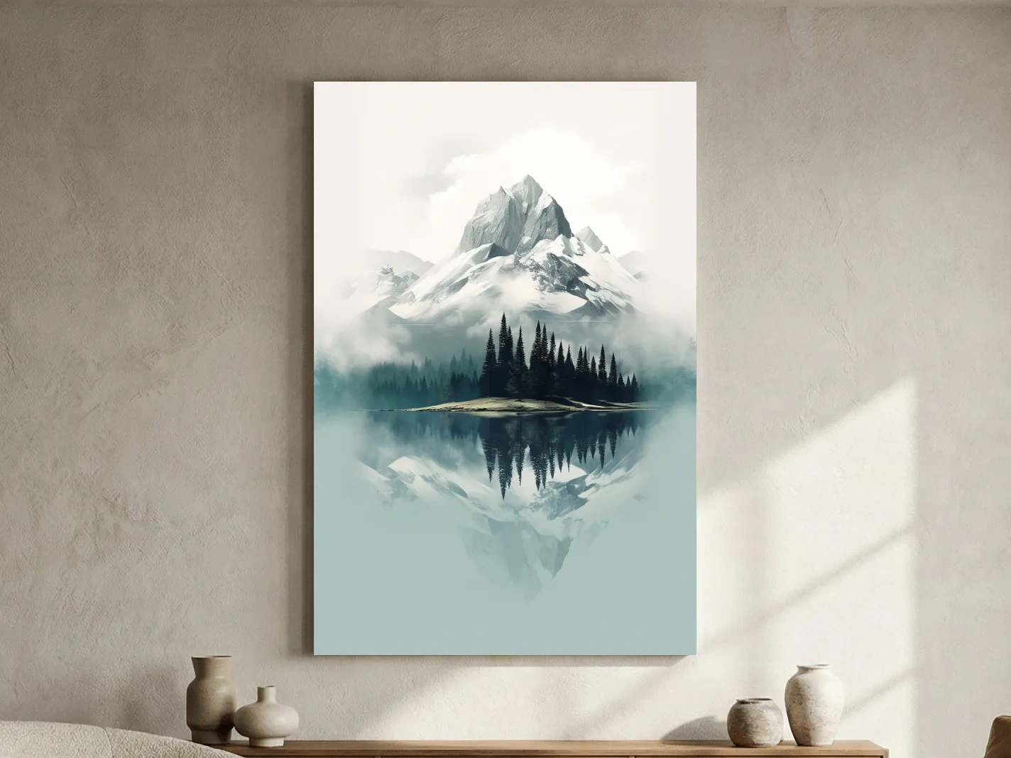 Misty Alpine Mountain Lake Reflection - Minimalist Watercolor Landscape Wall Art
