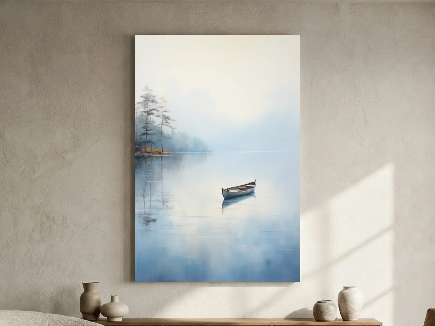 Misty Lake Canoe Reflection Painting - Serene Minimalist Waterscape Wall Art