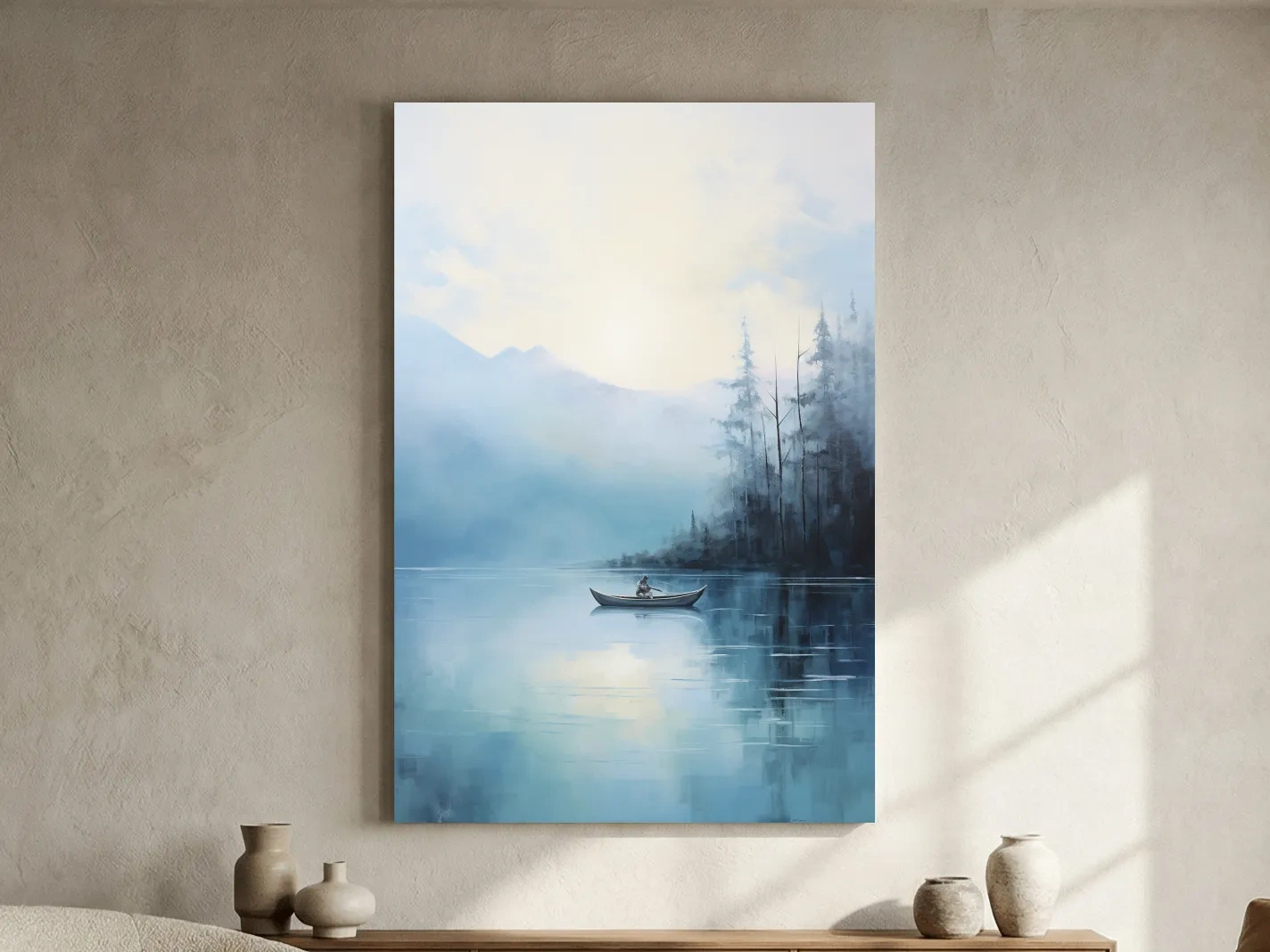 Misty Turquoise Mountain Lake Canoe Painting - Serene Forest Landscape Wall Art