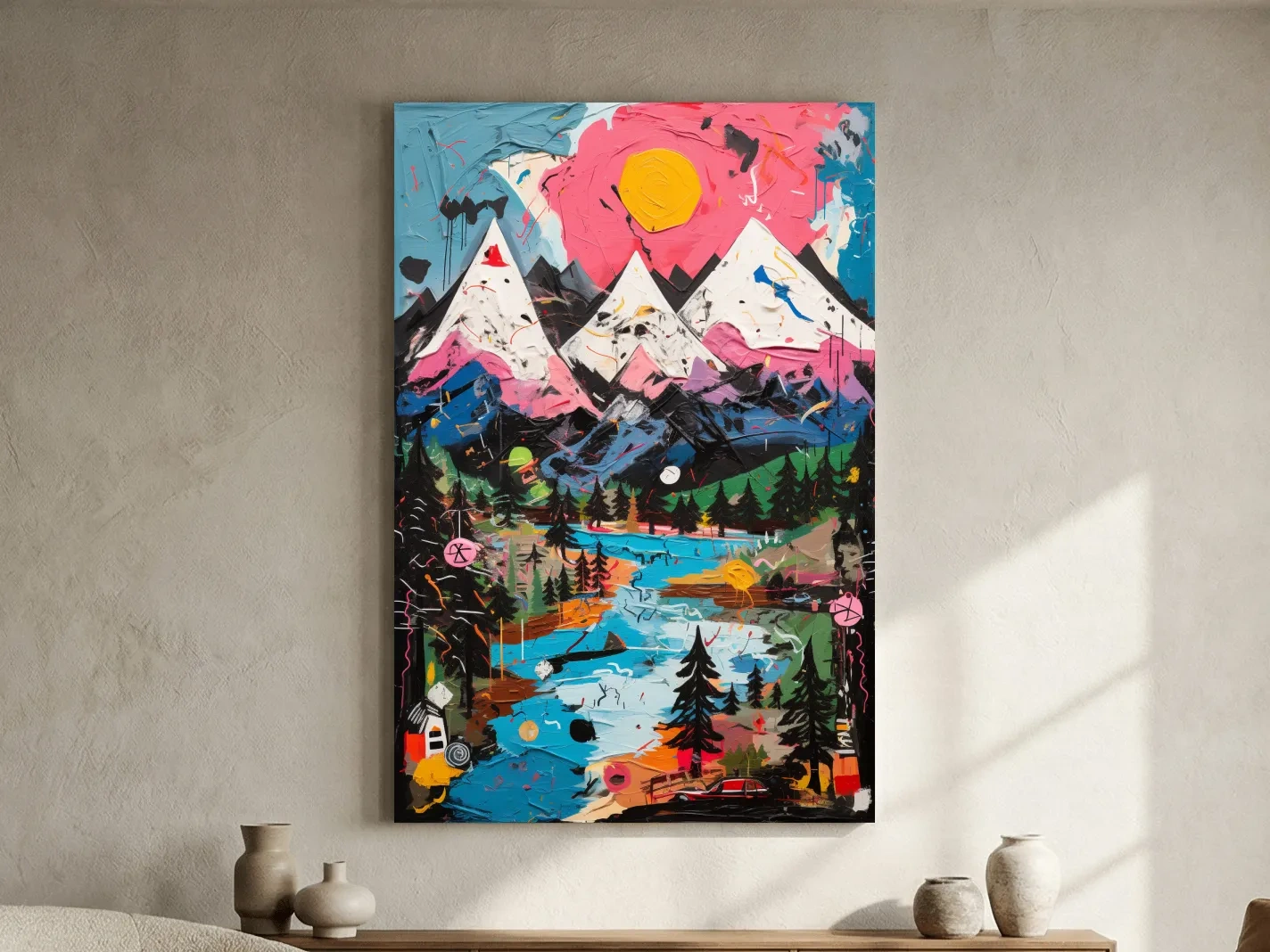 Vibrant Abstract Mountain Lake Sunset Painting - Colorful Modern Landscape Wall Art