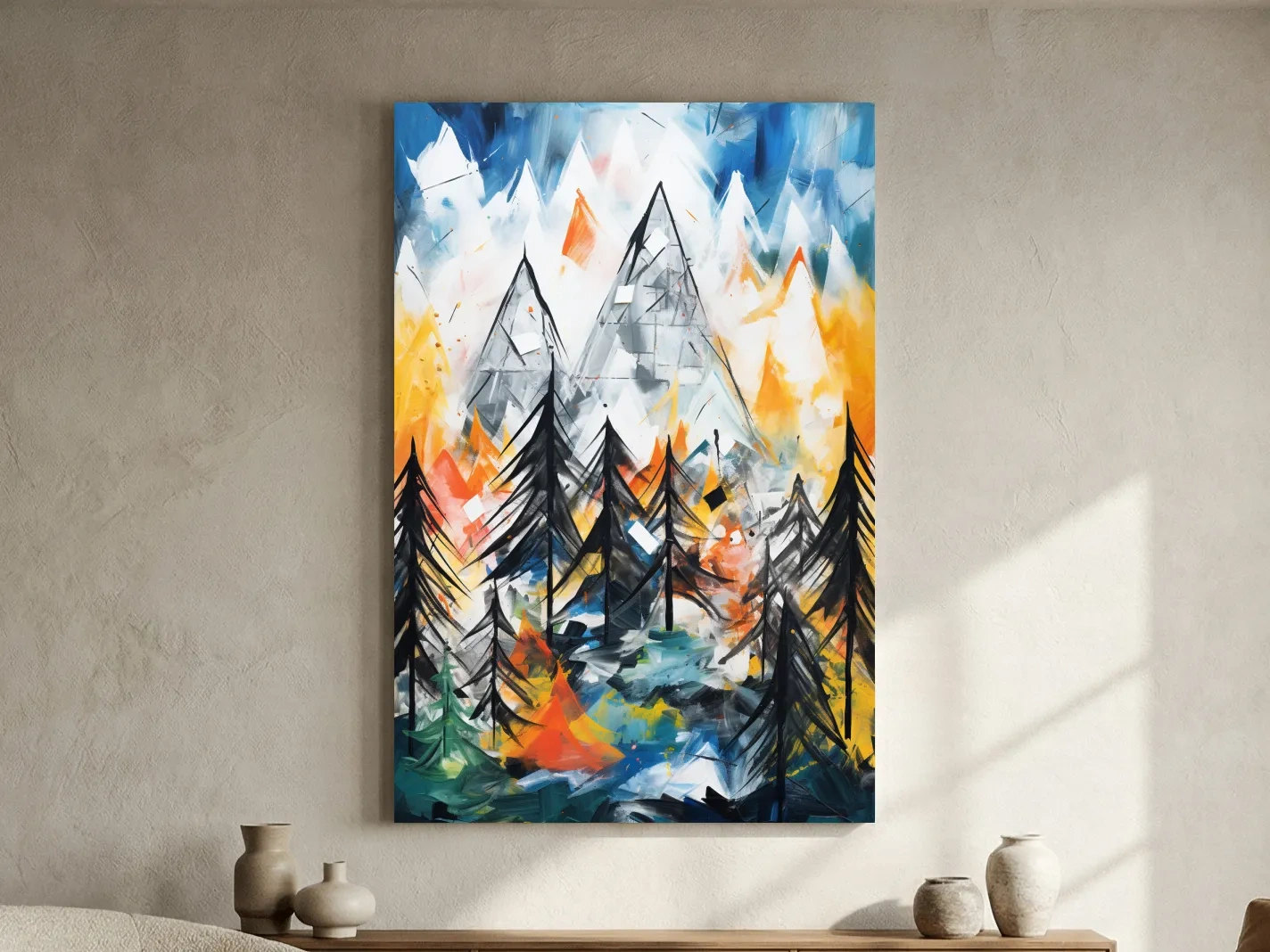 Abstract Alpine Mountain Peaks Painting - Colorful Energetic Pine Forest Landscape Wall Art