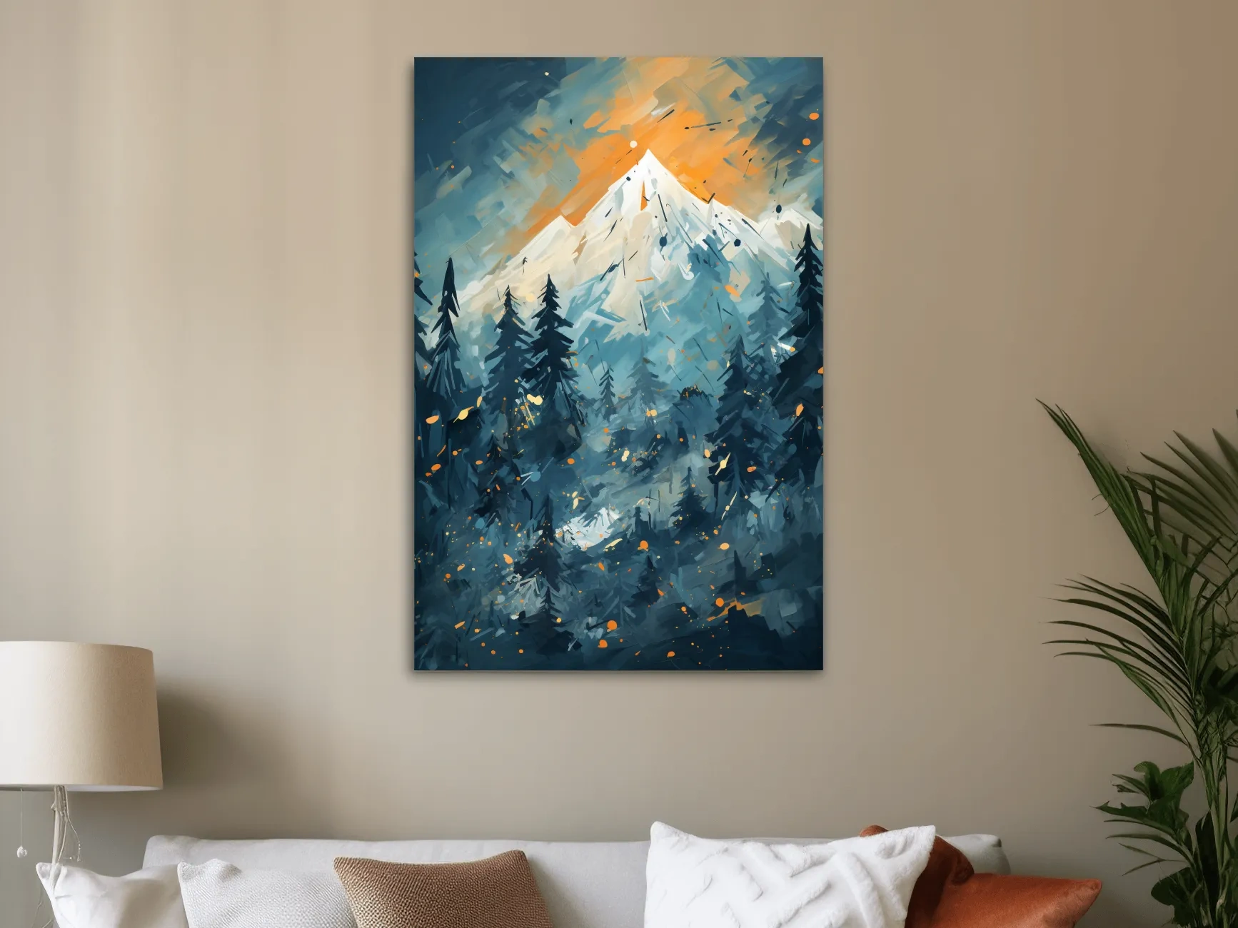 Abstract Snowy Mountain Peak Sunset - Moody Pine Forest Painting Wall Art