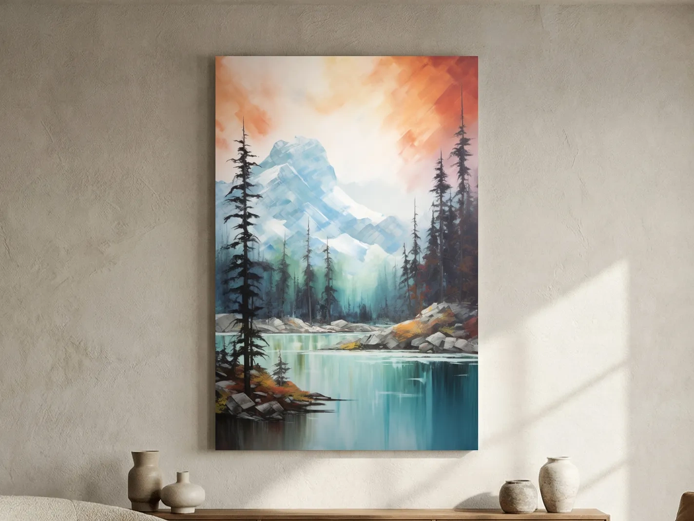 Turquoise Alpine Lake & Pine Forest Sunset Watercolor - Serene Mountain Landscape Wall Art