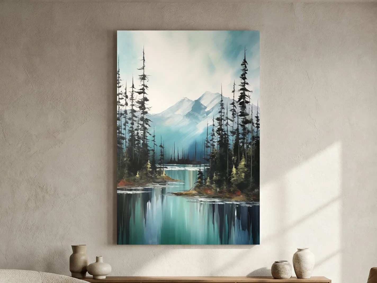 Alpine Turquoise Lake Watercolor Landscape - Serene Pine Forest Nature Wall Art