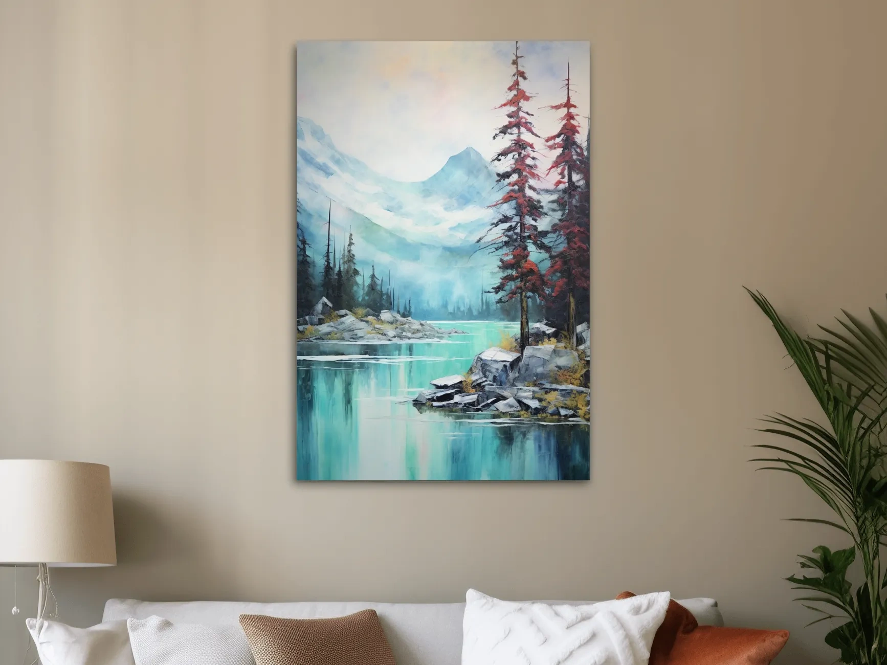 Mountain scenery painting, a turquoise alpine lake
