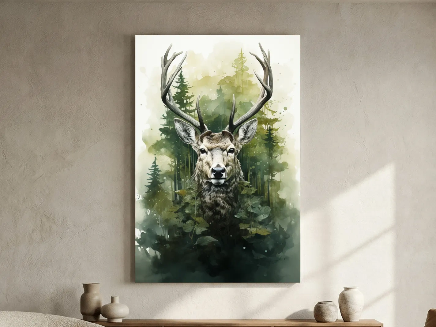 Watercolor Deer Portrait In Misty Pine Forest - Woodland Wildlife Wall Art