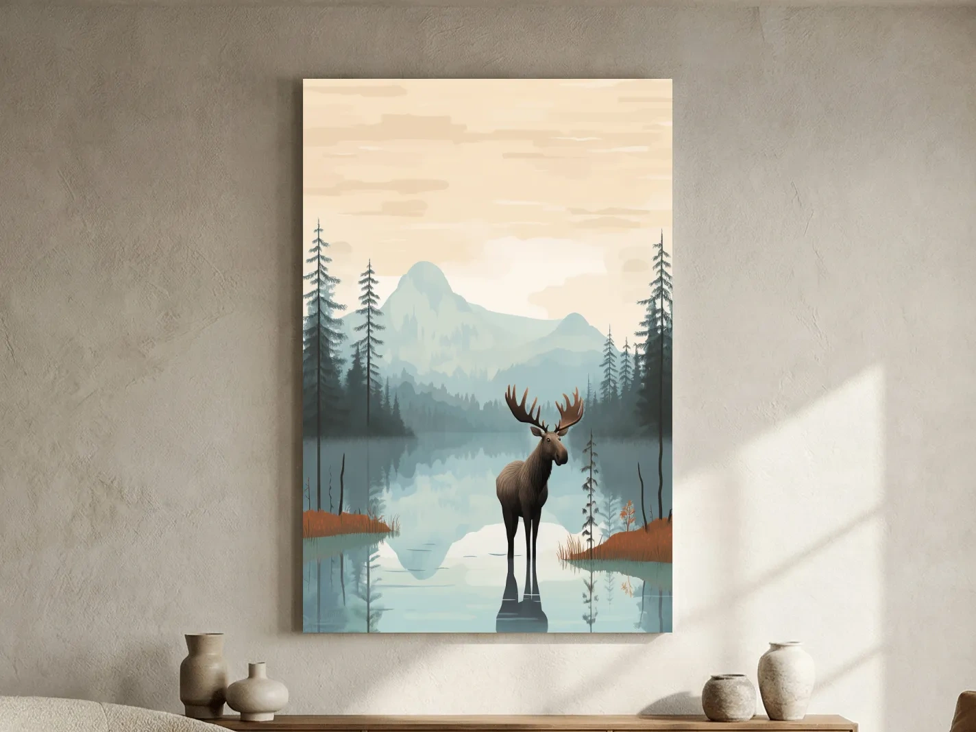 Moose Mountain Lake Illustration - Nursery Forest Mountain Wall Art
