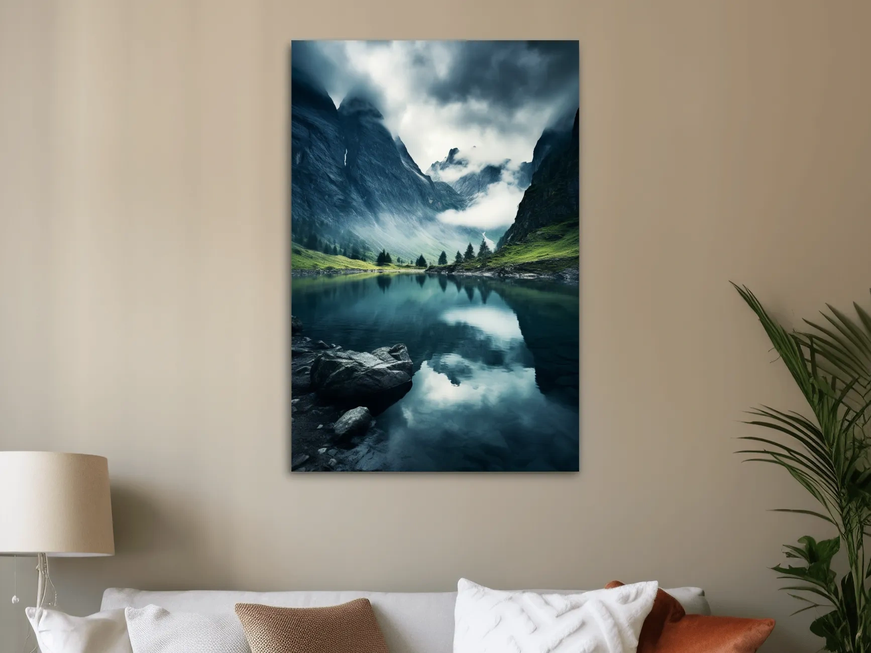 Moody Misty Alpine Lake Reflection - Dramatic Photographic Mountain Wall Art