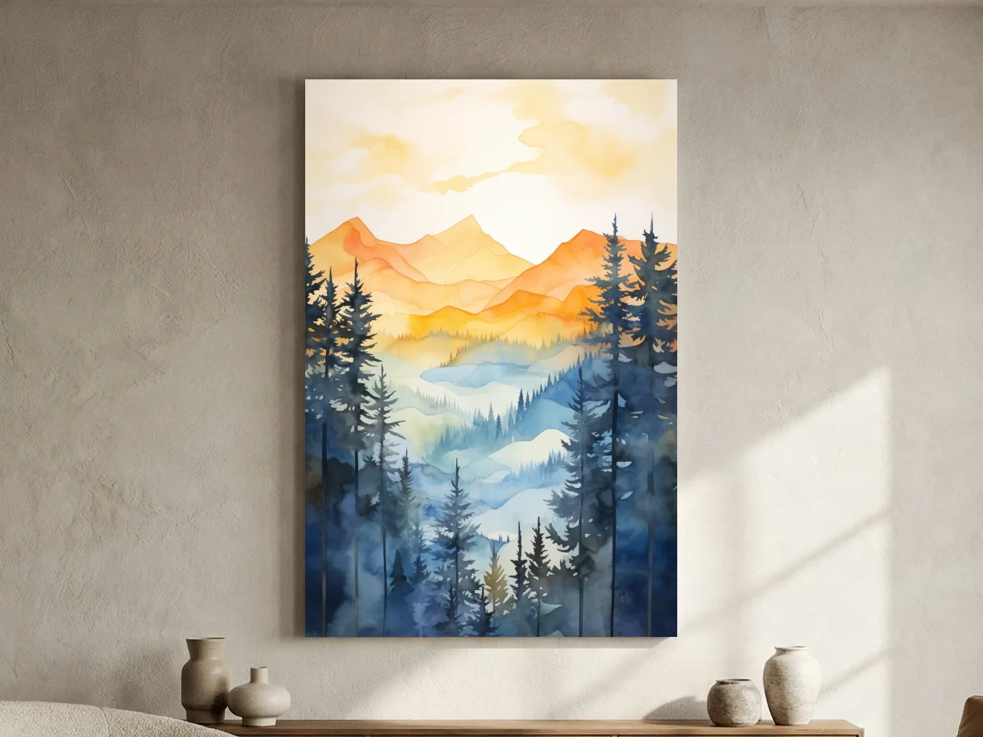 Golden Watercolor Mountain Sunrise Painting - Misty Alpine Forest Artwork