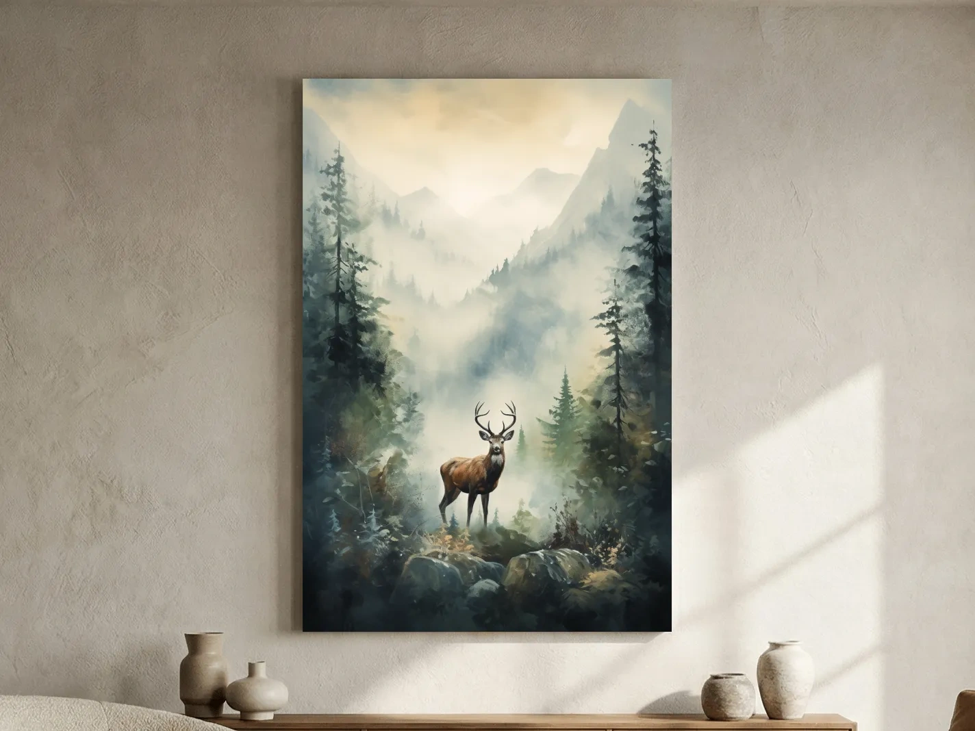 Misty Alpine Forest Deer Painting - Atmospheric Mountain Wildlife Wall Art