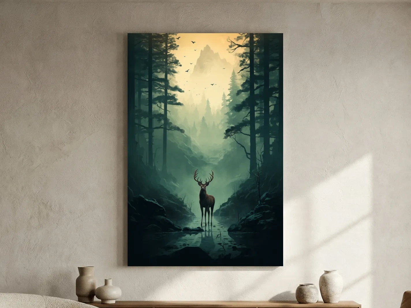 Moody Misty Forest Deer Stag Landscape - Atmospheric Wildlife Mountain Wall Art