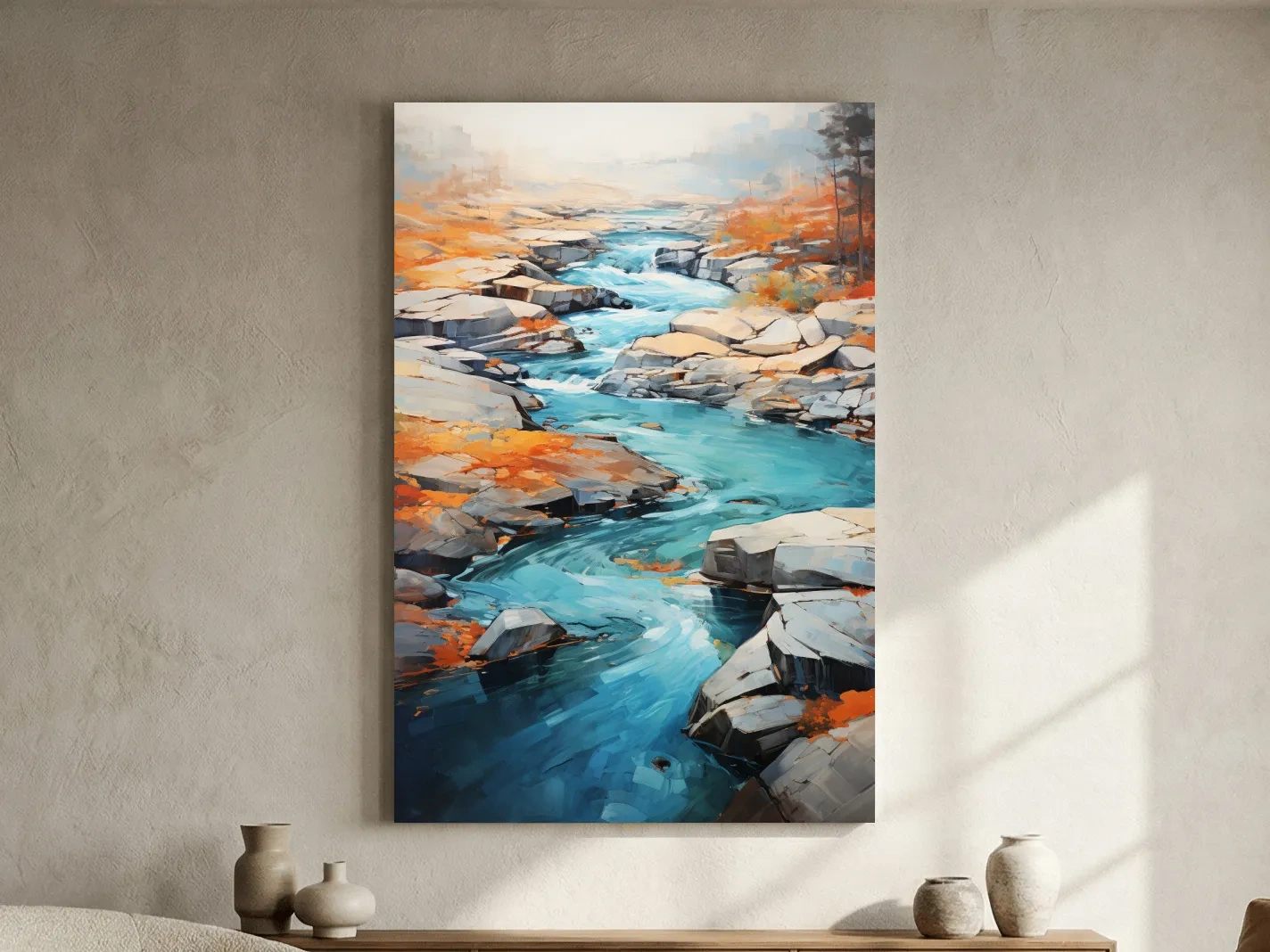 Vibrant Turquoise River Through Rocky Canyon - Modern Impressionist Landscape Wall Art